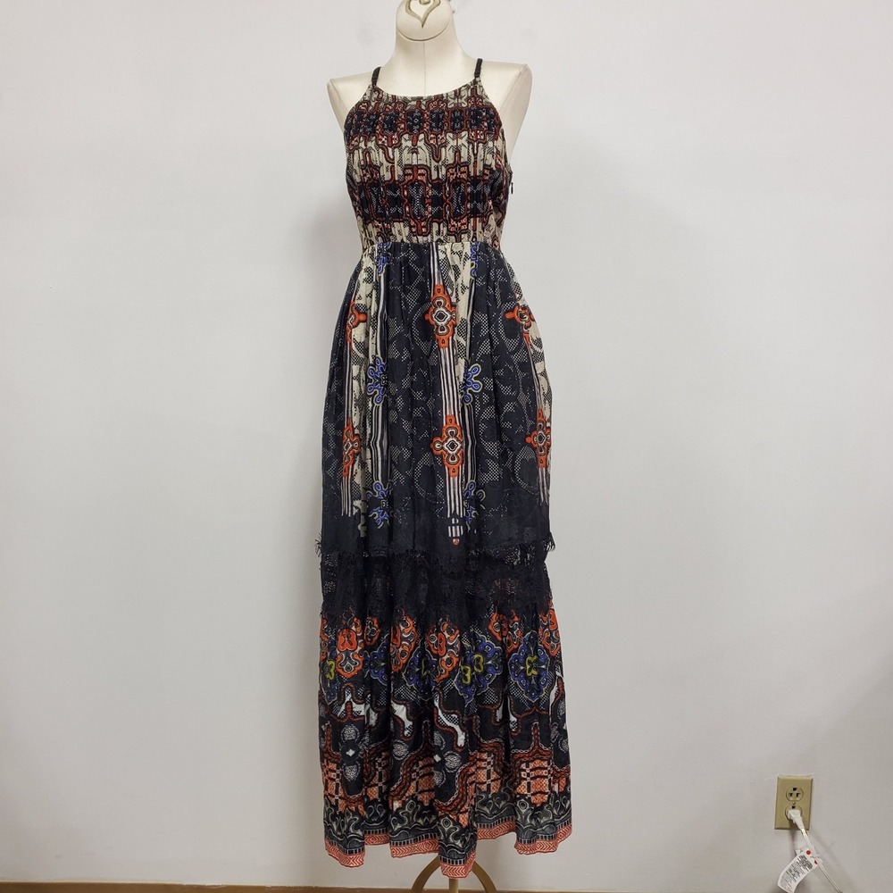 Anthropologie Bhanuni By Jyoti Womens Tiered Maxi Dress Size 0 Petite Bohemian - Picture 1 of 13